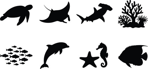 Set of marine life and ocean sea animals black silhouettes vector illustrations © SreeDilip