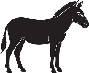 Obraz premium Black and white silhouette of a standing donkey, side profile view of a farm animal with a short mane and tail on a plain white background