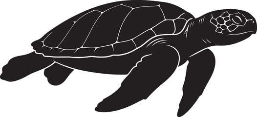 Black and white silhouette of a swimming sea turtle, side profile view of a marine reptile with a patterned shell and flippers, isolated on a white background © BeCoolOk