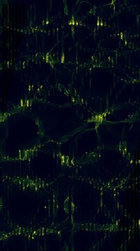 Vertical animated background with glowing neon green network patterns and abstract wavy lines viewed through a distorted ribbed glass effect over a dark space