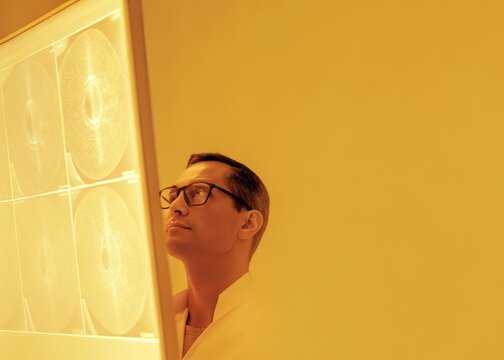 Man Looking at Cylindrical Objects
