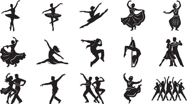 Professional dance styles and performing arts dancers silhouette icons vector illustration set isolated on white background.