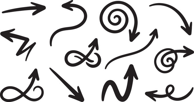Black doodle arrows and circles on white background, swirls
