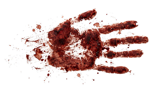 Bloody handprint on white surface. Spooky Halloween crime scene evidence mark on a isolated transparent background png