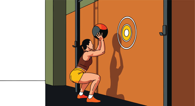 Woman practicing medicine ball throw in gym