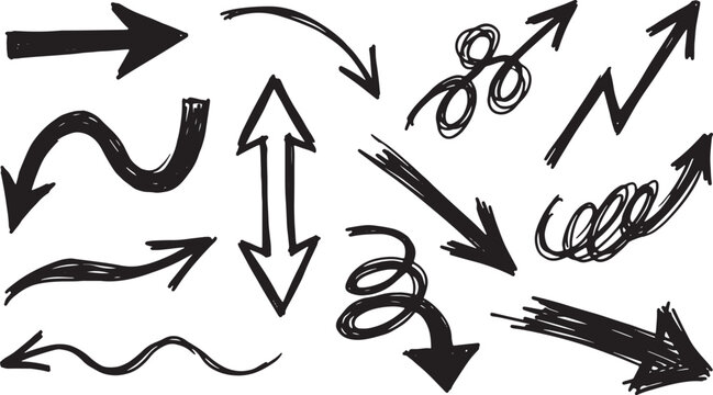 Black doodles of arrows, lightning bolts, and abstract shapes