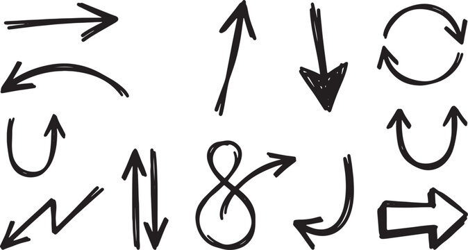 Black hand-drawn arrows and symbols on white background, circle square triangle line