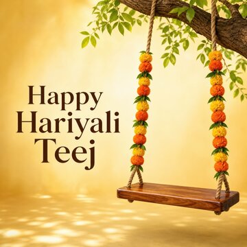 Hariyali Teej greeting banner with swing on tree branch.