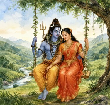 Happy Hariyali Teej Festival Celebration with Lord Shiva and Goddess Parvati Illustration.