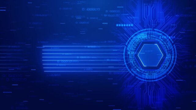 Blue network circuit interface bright data trails, glowing hexagon core, futuristic board patterns across a deep tech space. computing AI explainers, data graphics, software ads, cyber visuals.
