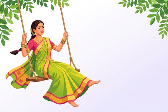 Woman on a swing for Teej festival.