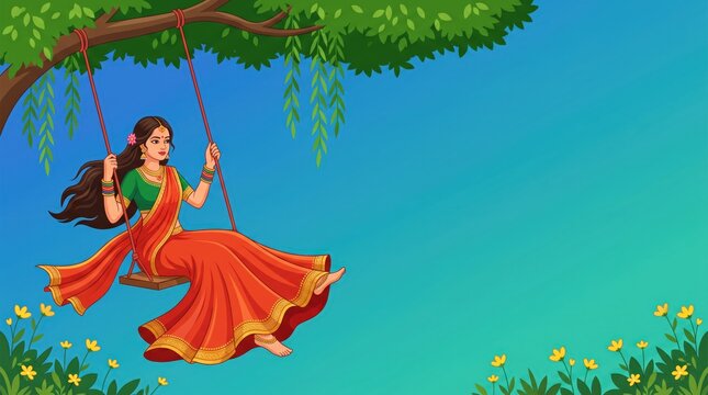 Happy Hariyali Teej with indian woman enjoy swing.