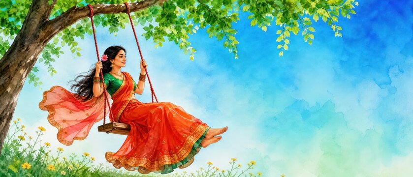 Hariyali Teej watercolor banner with woman swinging on tree branch.