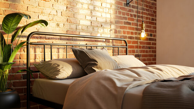 Bedroom scene with metal bed frame neutral bedding and exposed brick wall