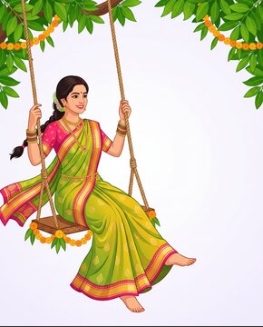 Hariyali teej card illustration with woman swinging.