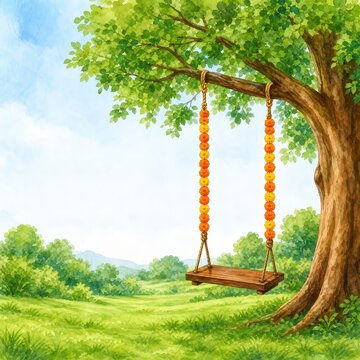 Decorated swing on a tree for Teej festival.