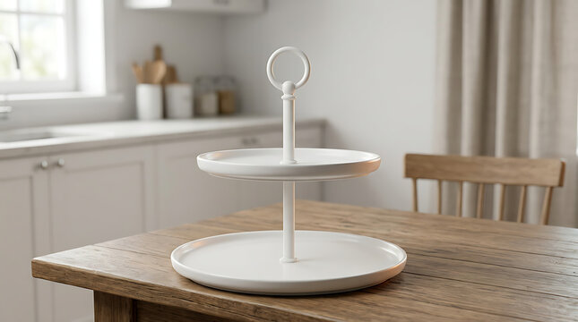 Elegant White Two Tier Cake Stand on a Rustic Wooden Table in a Bright Modern Kitchen Setting