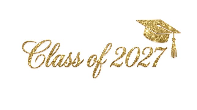 Class of 2027 glitter gold script lettering with graduation cap graduation mortarboard celebration