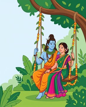 Hariyali Teej cute poster illustration with Lord Shiva and goddess Parvati.