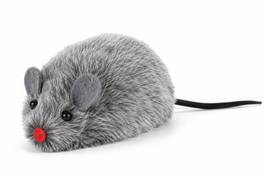 Grey fuzzy mouse cat toy with black tail isolated on white background