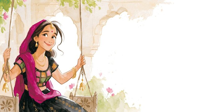 Hariyali teej indian festival card illustration with girl on swing.