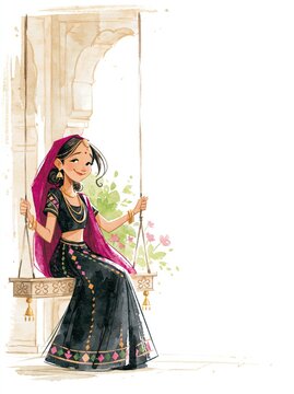 Cute illustration of a woman on swing celebrating hariyali teej festival.