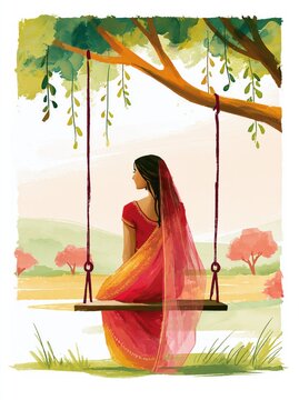 Hariyali teej watercolor card illustration with girl on swing.
