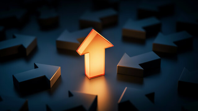 Glowing upward arrow standing out among many dark downward arrows with business