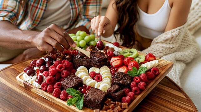 Young Hispanic couple enjoying colorful dessert grazing board with brownies and fresh fruits on a wooden coffee table at home