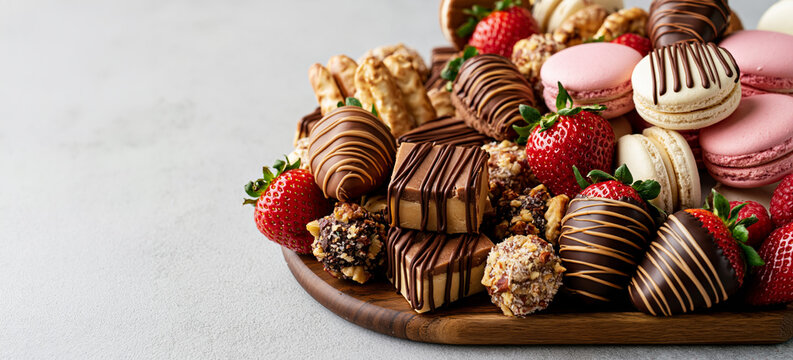 Assorted dessert charcuterie board featuring macarons, fudge squares, chocolate-covered strawberries, and cookies on a wooden platter