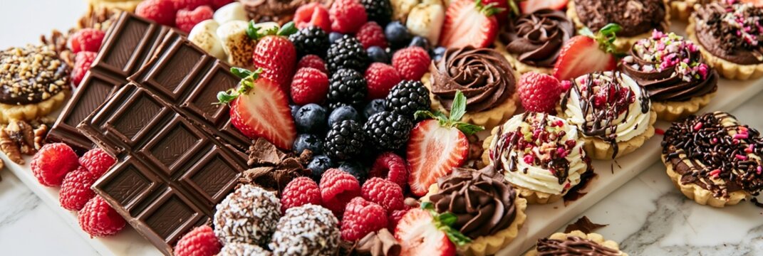 Assorted sweet charcuterie spread featuring chocolate bars, berries, and mini tarts on a horizontal board with space for text overlay