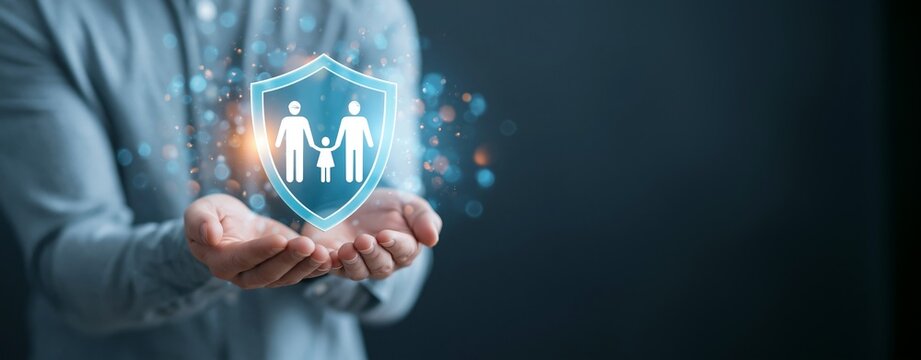 Caucasian male professional in business casual holds glowing blue digital shield with family silhouette icon, representing family life insurance concept