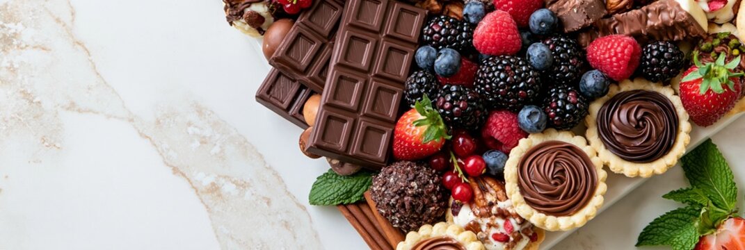 Assorted sweet charcuterie spread featuring chocolate bars, berries, and mini tarts on a marble surface with space for text overlay