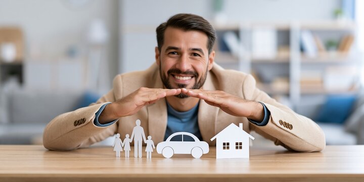 Hispanic male financial consultant in light sand blazer forming sheltering arch with hands above paper cutout symbols of family, car, and house