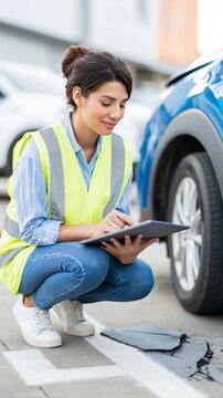 Hispanic female vehicle insurance inspector reviewing damage on tablet beside a blue car in an outdoor parking lot environment