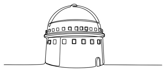 Industrial dome building reactor containment continuous line drawing, observatory or silo storage vector illustration in minimal one line art style, factory architecture outline © ----WWWLINE----