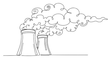Power plant cooling towers with smoke continuous line drawing, industrial chimney and energy station vector illustration in minimal one line art style, pollution concept outline © ----WWWLINE----