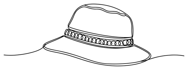 Wide brimmed hat continuous line drawing, summer sun hat and safari headwear vector illustration in minimal one line art style, travel accessory and protection outline © ----WWWLINE----