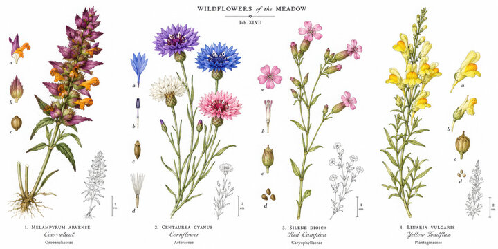 Colorful wild flowers isolated on a white background. Vintage painting style illustration.