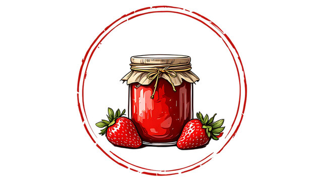 Jar of strawberry jam with two fresh berries isolated on transparent background for kitchen branding food design projects or rustic culinary illustration.