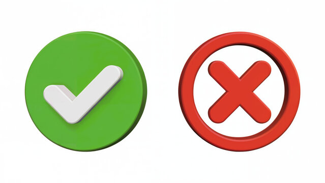 Three dimensional green checkmark and red cross icons for decision making with circular checkmark next positive