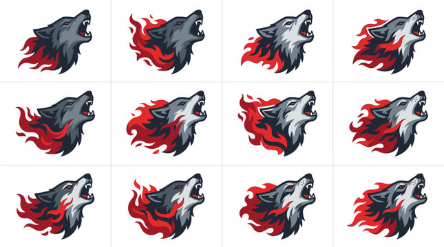 Howling wolf head with fire flame logos