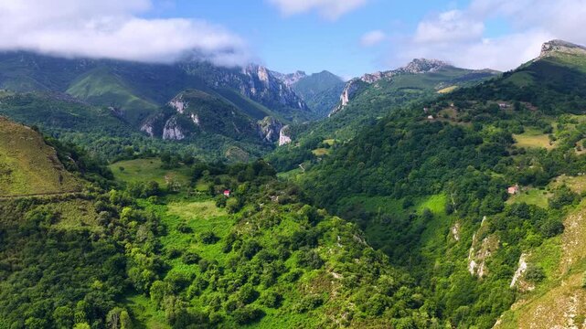 Picos de Europa in Spain, aerial view, flying above green slopes and canyons in Picos de Europa mountains, hiking in Spain, peaceful mountain wilderness landscape 