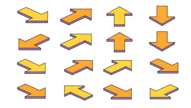 Orange isometric arrow icons set pointing in different directions with isometric