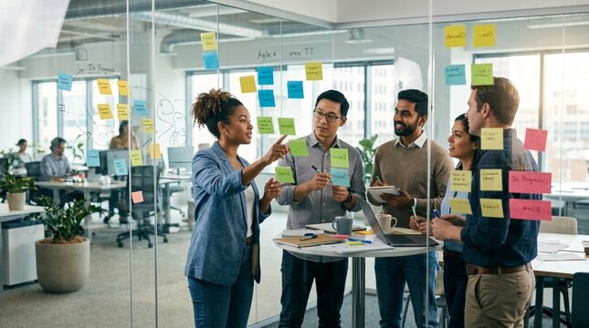 Business team conducting project brainstorming session in modern open concept office space with sticky notes problem solving brainstorming teamwork business strategy