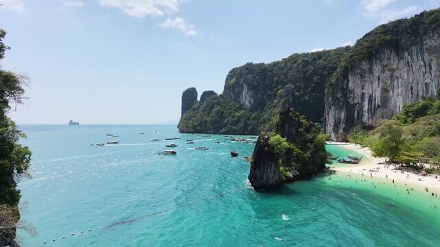 Aerial view of turquoise bay and limestone cliffs at Railay Beach, Krabi, Thailand