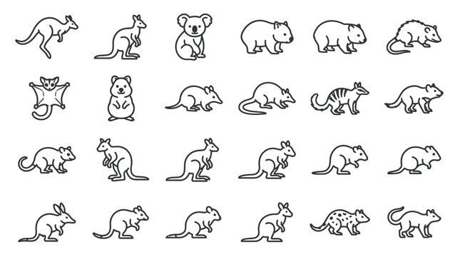 Set of various Australian marsupial animal icons.