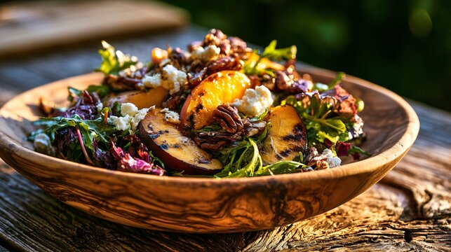 A rustic farm-table arrangement featuring grilled peaches, goat cheese crumbles, mixed greens, and roasted pecans served on weathered olive wood under golden afternoon sunlight