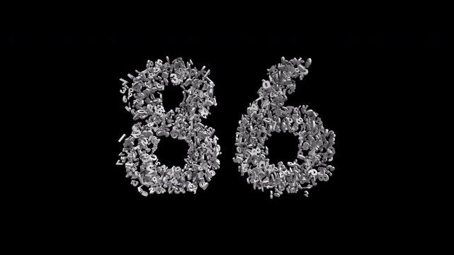 Number 86 Formed by Small Digits Animation with Alpha Channel. Typographic Number Formation Effect. Digital Number Made of Numbers. 3D Font Typographic Animation. Transparent BG