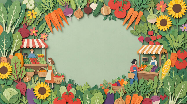 Colorful paper craft farmers market illustration. Beautiful frame of fresh organic vegetables and sunflowers with vendor stalls and empty copy space for healthy food and agriculture designs.